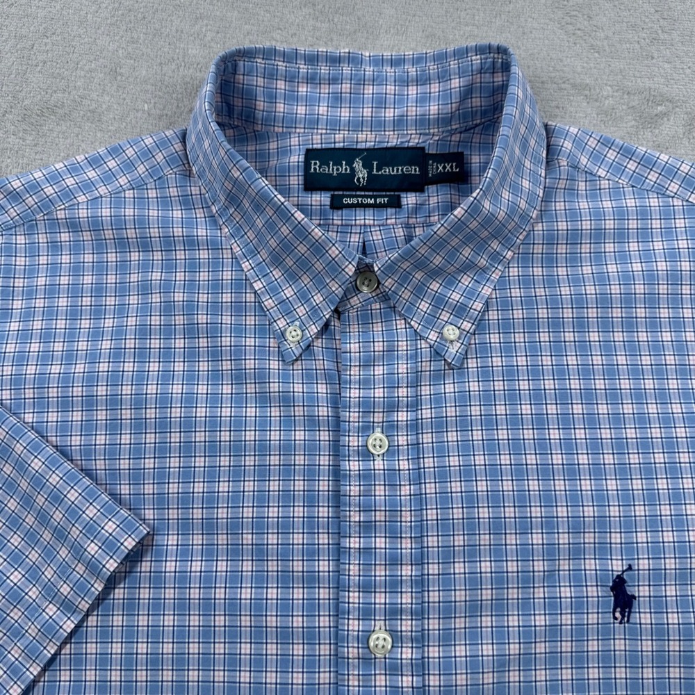 Ralph Lauren Shirt Mens XXL Blue Plaid Custom Fit Short Sleeve Button Down Pony